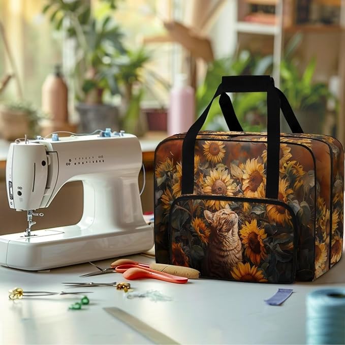 Sewing Machine Carrying Case Portable Travel Tote Bag Versatile Sewing Machine Dust Bag Universal Storage Bag for Most Standard Size Machine, Cat Sunflower - Image 4