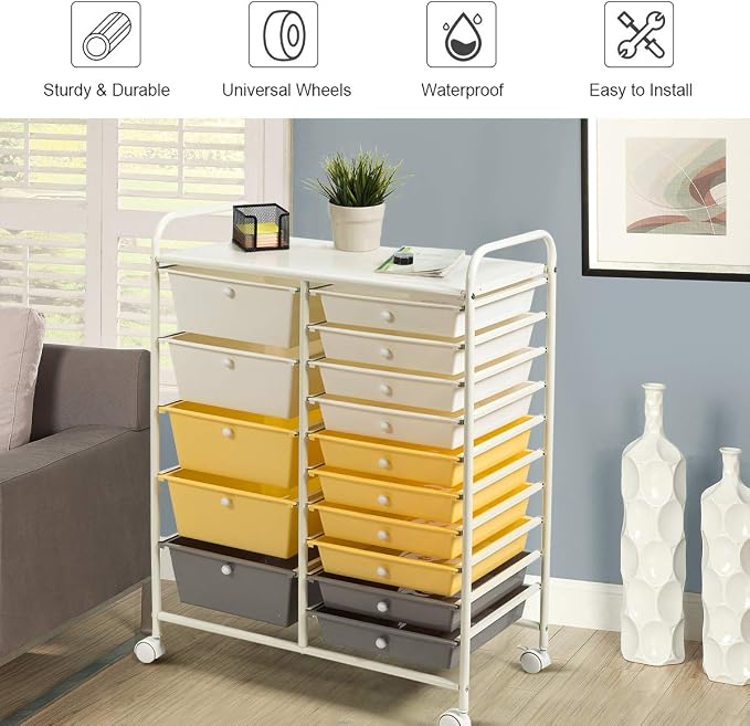 RELAX4LIFE 15 Drawer Rolling Storage Cart, Mobile Drawer Carts for Craft Art Supply Paper Salon, Utility Cart on Wheels for Classroom Teacher School Office, Rolling Cart with Drawers (Yellow) - Image 8