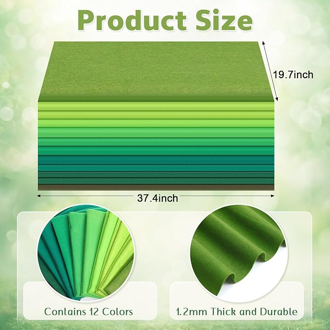 WILLBOND 12 Pcs 37 x 20 Inch Large Felt Fabric Sheets by The Yard 1.2 mm Soft Craft Felt Sheet 12 Assorted Color for DIY Summer Decor Graduation Gift Sewing Patchwork(Green Series) - Image 2
