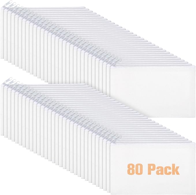 Reginary 80 Pack Canvas Zipper Makeup Bags Bulk Pencil Pouches Blank DIY Craft Canvas Cosmetic Bag Pouch with Zipper for Makeup Cosmetic Toiletry Stationary Storage (All White) by Reginary