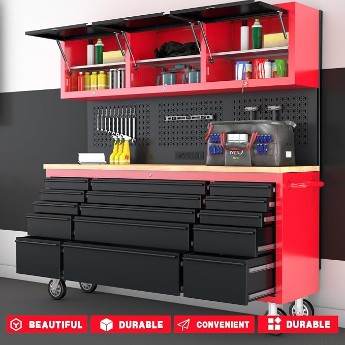72" Rolling Tool Chest with 15 Drawers, 1.2" Thick Solid Wood Top | Power Outlet & Pegboard, Lockable,18" Deep 1.2" Thick Solid Wood Top - Image 8
