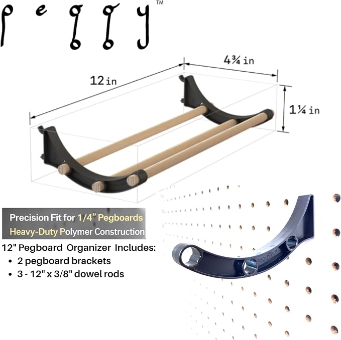 PEGGY Pegboard Spool Organizer Kit | 12-Inch | 3-Pack | White | Creates 3 Triple-Rod Organizers. Fits Standard Pegboards, Supports Up To 5 Lb Per Organizer & Is Made In USA. - Image 2