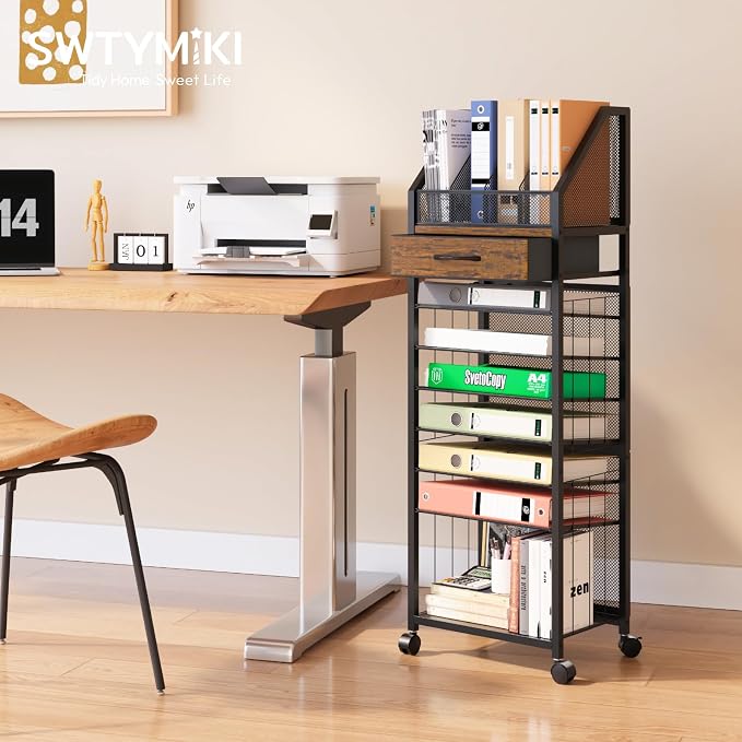 SWTYMIKI 9-Tier Rolling File Cart - Paper Organizer with Drawer and Trays, Wood Desk Office Organizer, Office Organization and Binder Storage for Workspace, Home, School, Espresso - Image 5