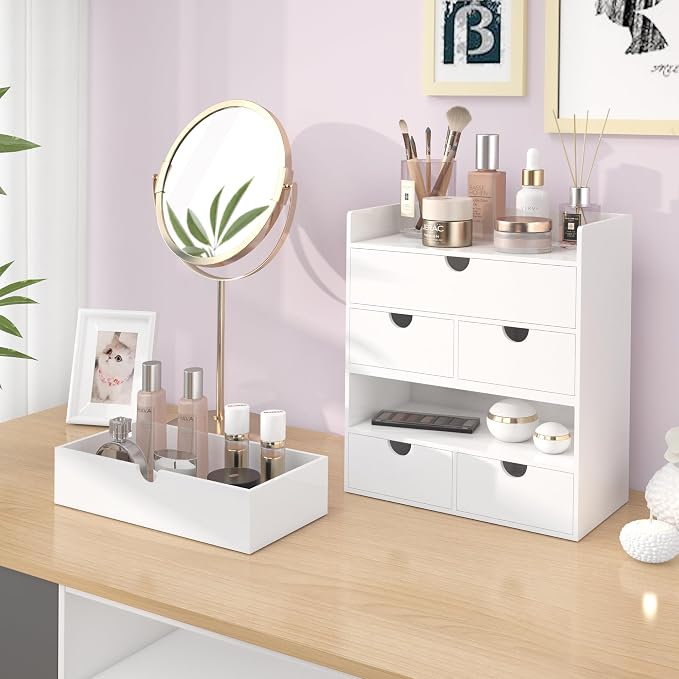 Bamboo Desk Organizer with Drawers Desktop Storage Drawers for Bills Office Supplies Kitchen Utensils Organizing Tool for Home Classroom Organization No Assembly (White) - Image 6