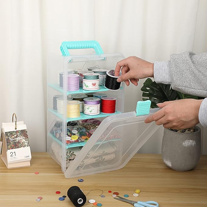 BTSKY Clear Plastic Dividing Storage Box with 4 Deep Compartment Sewing Box | 13.9x7.9x6.2 Inches Adjustable Storage Bin with Lid Portable Craft Storage Container Multipurpose Art Supply Organizer Blue - Image 2