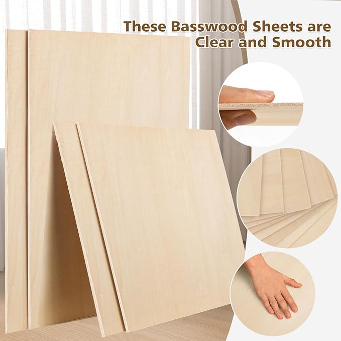 Adrattnay Basswood Sheets 3mm - 1/8 x 12 x 24inch, 24pcs Square Laser Basswood Plywood for Laser Cutting & Engraving DIY Crafts, Wood Burning, Painting, Architectural Model Building - Image 4