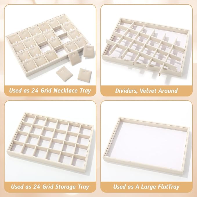 2 Pcs 24 Grid Stackable Jewelry Organizer Tray with Removable Dividers Ice Velvet Jewelry Display Showcase Tray for Necklace Earring Ring Bracelet Holder (Beige Velvet) - Image 7