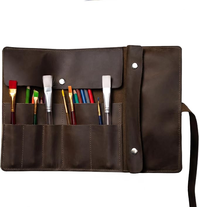 Handmade Artist Pencil Case, Leather Artist Roll, Pencil Roll Case, Leather Pencil Case, Artist Gifts (Brown) by Unknown