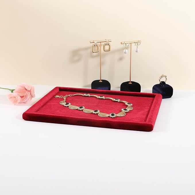 Rectangle Jewelry storage organizer plate, Velvet Jewerly display tray, Empty showcase tray for Necklace Bracelet Ring Earring【Red-Medium, 11.8 x 8.7 in 】 - Image 3