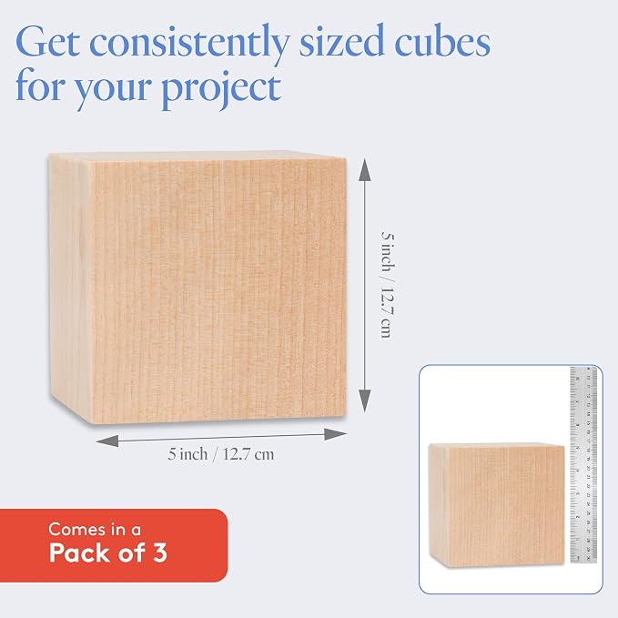 5" Large Wood Cubes, Pack of 3 Square Wood Block for DIY, Wooden Blocks for Crafts and Decor, by Woodpeckers - Image 4