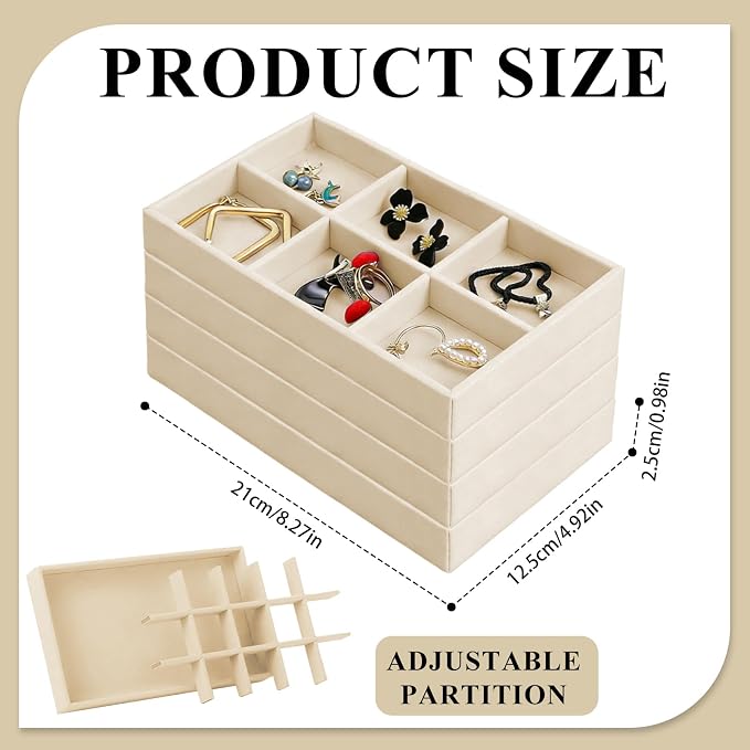 24 Pack Velvet Jewelry Trays Stackable Jewelry Organizer Trays Drawer Inserts Divided Storage Containers for Rings Earrings Jewelry Display (Beige) - Image 2