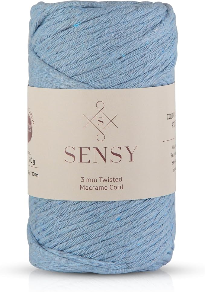 S Sensy 3mm Twisted- Vegan Recycled Cotton Macrame Cord Baby Blue 109 Yards by SSENSY