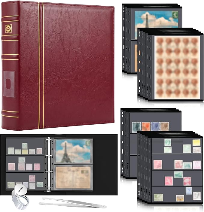 Stamp Collecting Album Binder Kit for Collectors, 1/2/3/4 Rows Banknotes Storage Book with 20 Stamp Pages, 4 Ring Binder, Tweezers and Magnifier, for Paper Money Bill Postage, Beginner Hobbyists Gift by Lewtemi