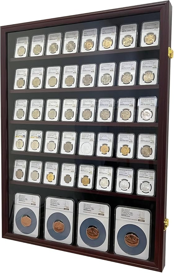 Wooden Coin Slab Display Case (5+1 Rows, Walnut) | Wall Mounted Lockable Cabinet Frame for PCGS NGC Graded Coins, Medals, Badges & Sport Trading Cards Storage by PCCBMINGT