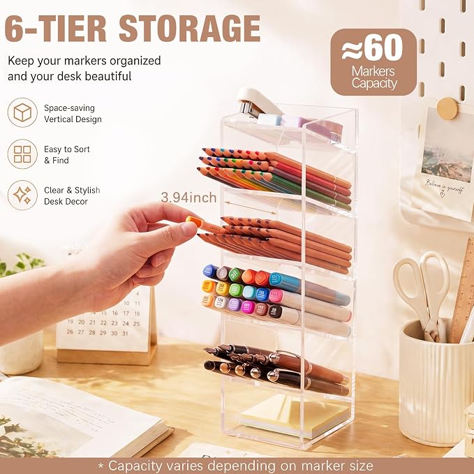 MotiMind Acrylic Pen Organizer Storage for 60 Markers Vertical Marker Organizer Acrylic Pen Display Holder for Office Desk Desktop Stationery Pencil Storage, Clear, 3.4 x 4 x 13 Inch - Image 4