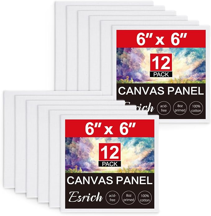 ESRICH Small Canvases for Painting 6x6 inch, 12 Pack Canvas Boards Cotton Painting Canvas Primed Acid Free Mini Blank Canvas Panels for Oil Paint,Watercolor,Acrylic Paint,Gouache&Tempera., White by ESRICH