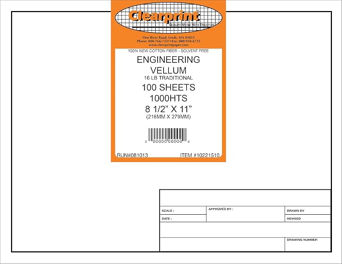 Clearprint 8-1/2" x 11" 1000H Design Vellum Sheets with Engineer Title Block, 16 lb., 100% Cotton, 100 Sheets Per Pack, 1 Each - Image 3