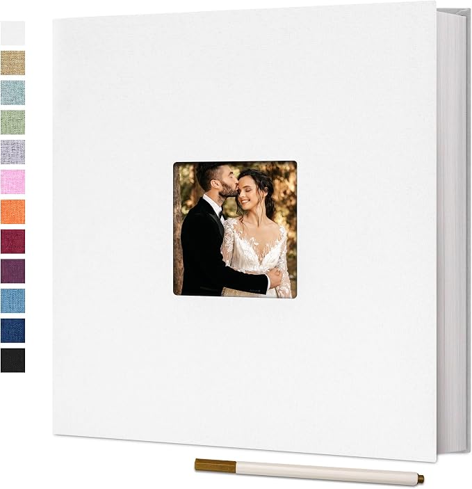 Vienrose Large Self Adhesive Photo Album with Window 11x10.6 60 Pages White | Linen Cover, Scrapbook, Fits 4X6 8X10 Pictures, Metallic Pen Included, Diy by Vienrose