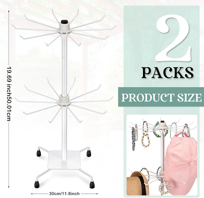 BBTO 2 Pcs Rotating Display Stand Jewelry Display Rack with Hooks Metal Earrings Stand for Vendors Necklace Bracelet Selling(White,19.69 x 11.8 Inch) - Image 2