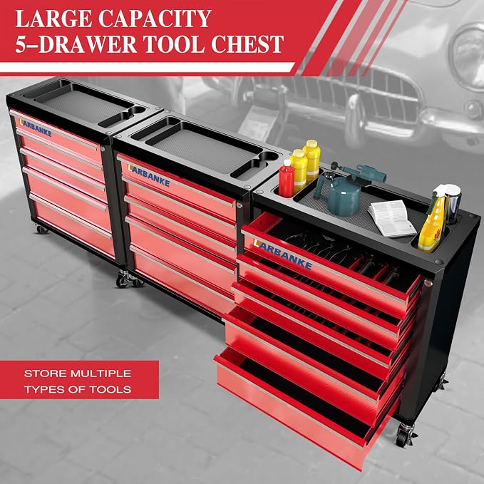 5 Drawer Rolling Tool Chest with Wheels,Lockable Tool Cabinet,Red | 360° Wheels with Brakes, Locking System, Waterproof Multifunction Top, Connect Rods for Stacking with Same Series Cabinet - Image 8