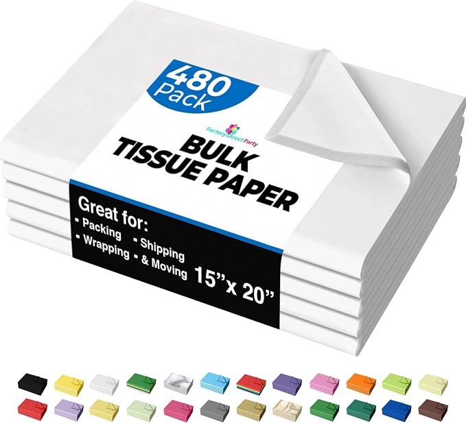 Party Solids White Tissue Paper for Gift Bags - 15" X 20" Bulk Tissue Paper White 480 Sheets - 10lb Newsprint for Packing, Birthday Gift Box Filler, Packing Supplies for Moving Supplies by Crown+Display