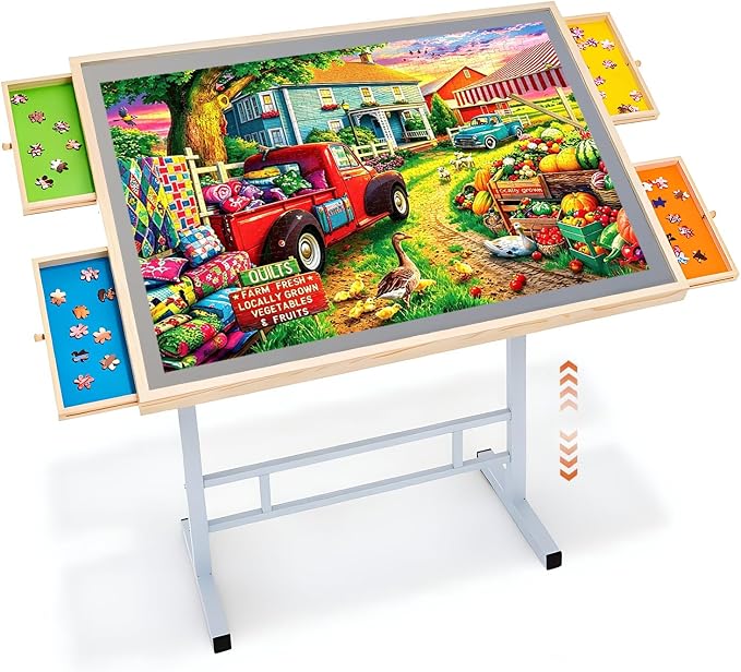 Fanwer Adjustable Puzzle Table with Drawers & Wooden Cover, 1500 Pieces | 35 x 26 in Jigsaw Board with Legs, 24.4-34.6 in Height, Tilting, 4 Drawers for Home Sorting and Storage by Fanwer