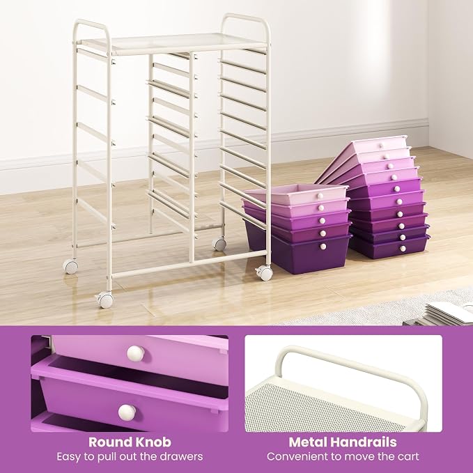 COSTWAY 15 Drawer Rolling Storage Cart, Mobile Storage Organizer | Removable Drawers & Metal Frame, Multipurpose Utility Tools Paper Organizer on Wheels for Home, Office (Purple Gradient) - Image 7