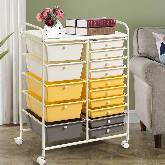RELAX4LIFE 15 Drawer Rolling Storage Cart, Mobile Drawer Carts for Craft Art Supply Paper Salon, Utility Cart on Wheels for Classroom Teacher School Office, Rolling Cart with Drawers (Yellow) - Image 2