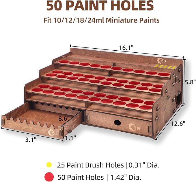 50 Holes Wooden Paint Holder Rack for Model Paints, Painting Brushes | 1.42" Dia Holes Fit 10/12/18/24ml Model Paints, Includes 1 Drawer, 25 Brush Holes, Painting Brush Holder wth 24 Slots - Image 3