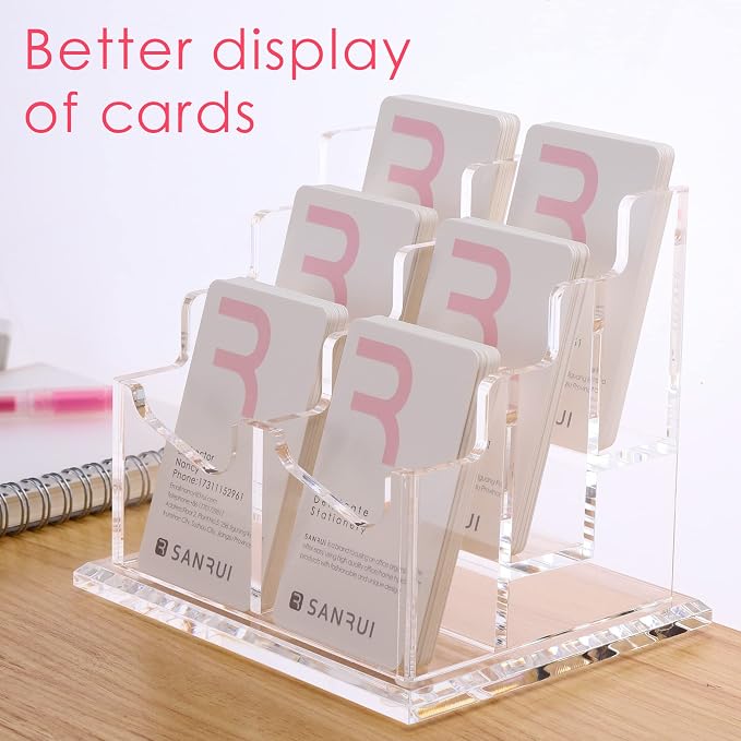 SANRUI Vertical Business Card Holder for Desk，Clear Acrylic Business Card Display Stand，6 Slots 3 Tier ，Holds 300 Cards - Image 9