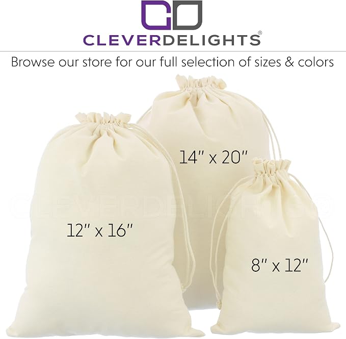 CleverDelights Cotton Bags - 12" x 16" - 50 Pack - Premium Muslin Drawstring Bag - Image 3