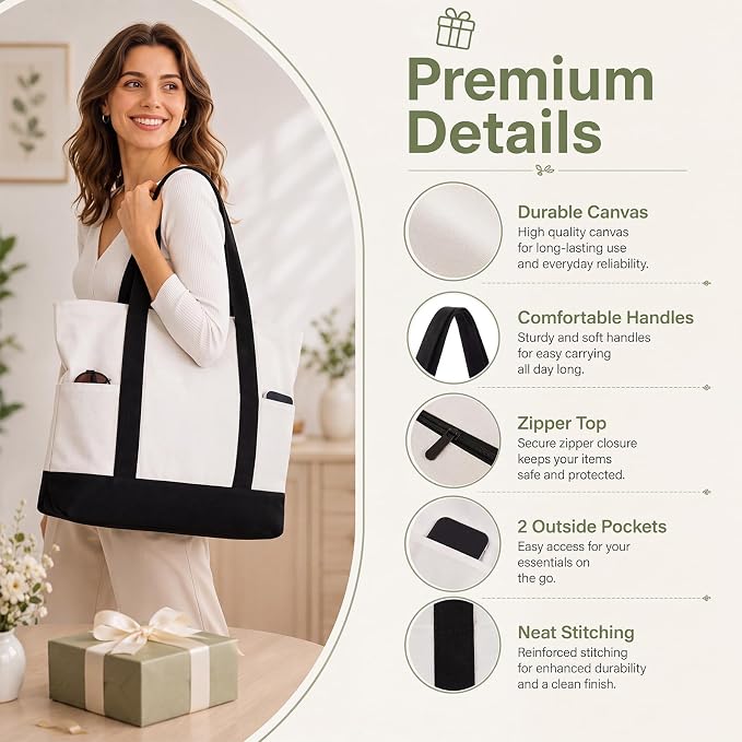 Capoda 16 x 14 Canvas Tote Bags with 2 Pocket, Bulk Zipper Totes Reusable Blank Sublimation Bags for Shopping Grocery DIY - Image 3
