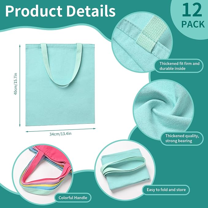 12Pack Canvas Tote Bags Bulk, 10oz Cotton Blank Canvas Tote Bags | Reusable grocery bags, shopping cloth bags w/colorful handles personalized present bags for women, Christmas decorating craft - Image 2