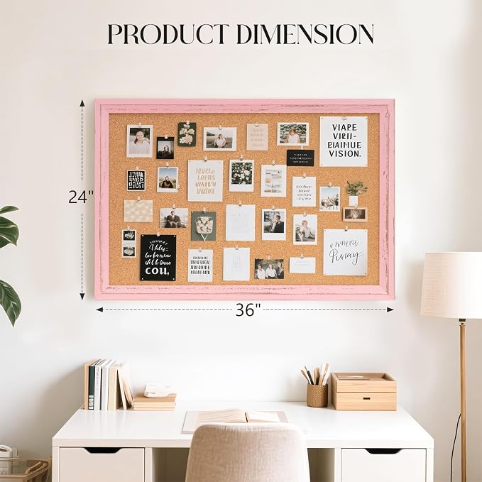 Cork Board Bulletin Board, 36"x24" Corkboard for Wall | Pink Wooden Frame, Decorative Pin Board, Message Board, Notice Board, Vision Board for Home, Office, Kitchen - Image 2