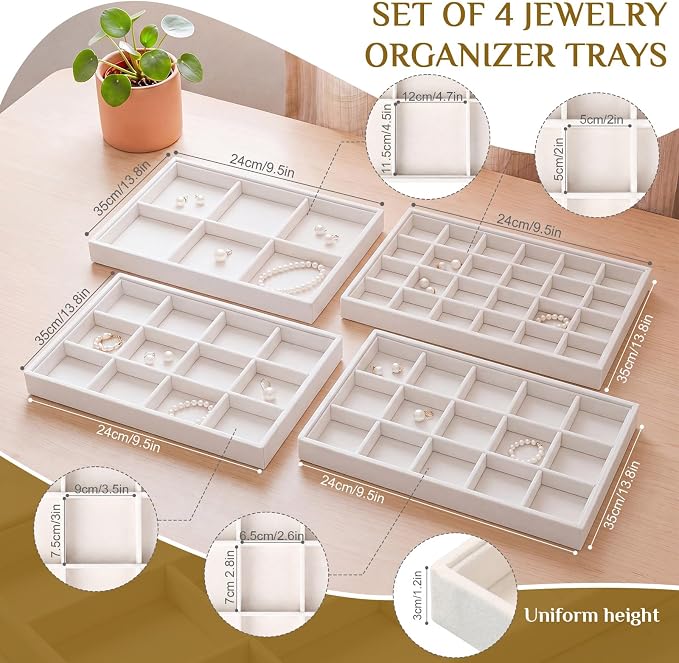 Unittype Set of 4 Stackable Jewelry Organizer Tray for Drawer Inserts Velvet Necklace Earring Bracelet Ring Holder Jewelry Display Storage Box for Bangle Stud Necklace Ring(6/12/15/24 Grid,Beige) - Image 2