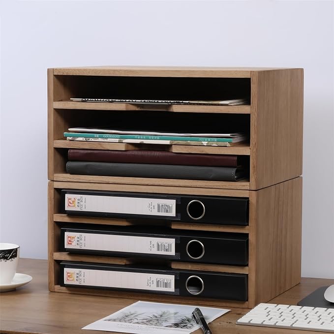 DDYURI 3-Tier Paper Storage Letter Tray File Sorter - Wood Desktop Document Organizer Holders with Mail Sorter, School & Home Magazine File Dividers, Book Rack Shelf Stand for HD-SJ3K (Light) - Image 7