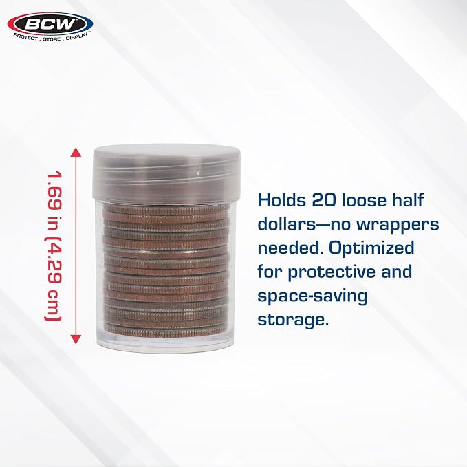 BCW Half Dollar Coin Tubes for Kennedy Half Dollars, Airtight, 10 Pack | Each reusable screw-cap tube holds 20 unwrapped 30.6 mm coins and helps limit air exposure during storage or display. - Image 3