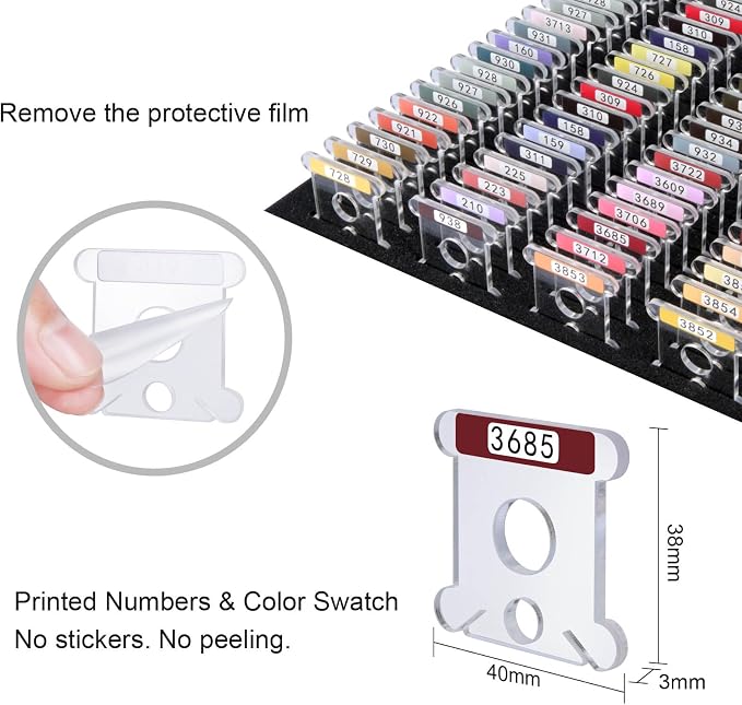 Hamtery 500 Pcs Acrylic Embroidery Floss Bobbins with Numbers & Color | Clear 3mm acrylic bobbins for embroidery storage. Printed numbers and color swatch help organize cross stitch floss. - Image 3