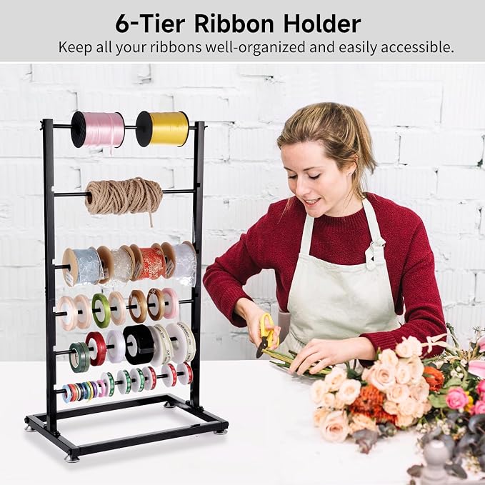 6-Tier Ribbon Holder, Height Adjustable Metal Spool Organizer, Countertop | Large capacity, for flower store, craft room, cake shop, gift wrapping, paper storage - Image 2