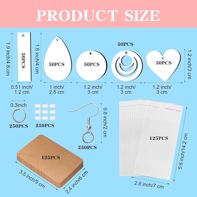 1250 Pieces Sublimation Earring Blanks Bulk DIY Jewelry Craft Making Kit with 250 Earing Hooks 250 jump Rings 250 Ear Plugs,125 Earring Cards Holder and Clear Package Bags for Birthday Gifts Supplies - Image 2