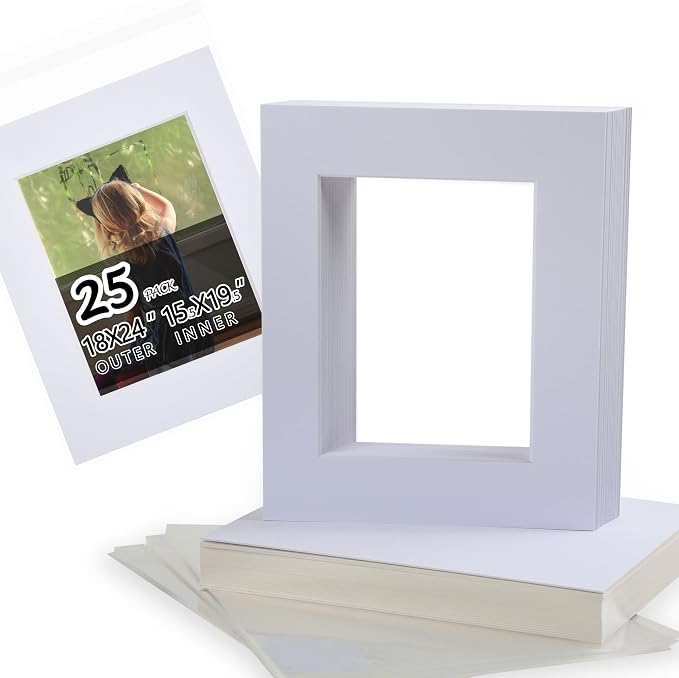 Acid Free 25 Pack 18x24 Pre-Cut Mat Board Show Kit for 16x20 | Photos, Prints or Artworks, 25 Core Bevel Cut Matts and 25 Backing Boards and 25 Crystal Plastic Bags, White by FallinginArt
