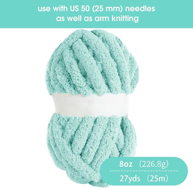 Hombys Light Blue Chunky Chenille Yarn for Crocheting and Knitting, Super Bulky Thick Fluffy Yarn for Hand Knitting Blanket, Soft Plush Yarn, 8 Jumbo Pack (27 yds, 8 oz Each Skein) - Image 2