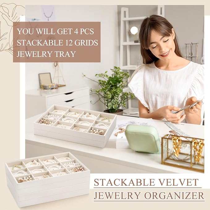 Cinnvoice 4 Pcs Stackable Jewelry Organizer Tray, 12 Grids Velvet Bracelet Ring Necklace Tray, Jewelry Organizer Trays for Drawer Display Selling Bangle Necklace Earring Showcase Storage(Beige) - Image 4