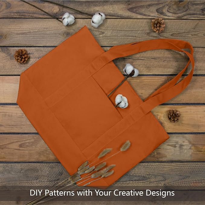 TOPDesign 6-Pack Canvas Tote Bags with an External Pocket, Reusable Grocery Shopping Bags, Top Zipper Closure, Daily Essentials (Orange) - Image 4