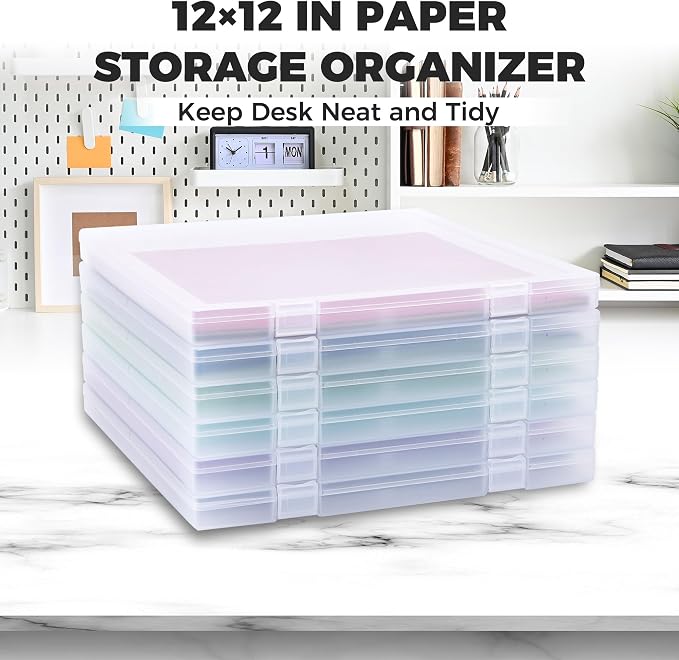 CraftGenes 12x12 Scrapbook Paper Storage, 6 Pack Stackable Containers | Clear PP; 13.58 x 12.4 x 1.1 in; Integrated U-Latch; Fits Cardstock, Vinyl Sheets, Stickers and Die Cuts - Image 7