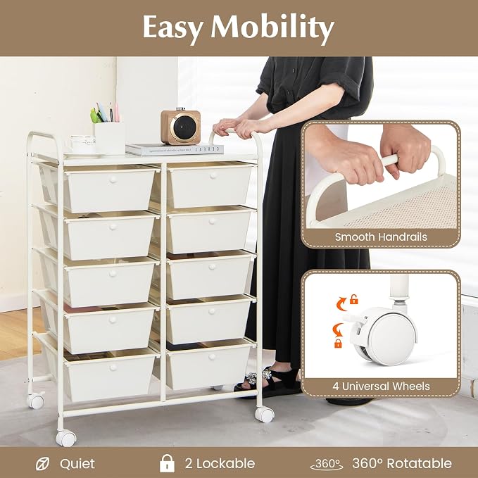 RELAX4LIFE 10 Drawer Storage Cart - Ivory Metal Frame Rolling Art Cart Organizer with Lockable Wheels, Utility Cart for Crafting Storage, Office, Home, School - Image 4
