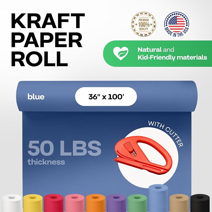 Blue Kraft Paper Roll 36" x 1200" (100 feet) with Cutter - USA-Made Wrapping Paper for Packing, Moving, Shipping & Crafts/Arts - 100% Recyclable Natural Craft Material by IDL Packaging | Wrapping Paper for Packing, Moving, Shipping & Crafts/Arts - 100%... - Image 2