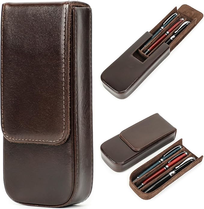 Top Grain Genuine Leather 3 Pen/Pencil Tray Case Holder, Minimalist Fashion Design, Handmade, Magnetic Closing with Drawer Design, Gift Choice for Man/Woman/Office, Glossy Coffee, 3 Slots by CataPurusLeatherCrafts