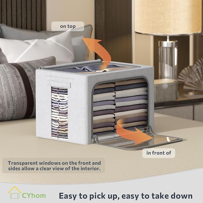 CYhom Clothes Storage Bins Box - Linen Fabric Foldable Stackable Container Organizer Set with Clear Window & Carry Handles & Metal Frame (Light Grey, Medium-36L) - Image 2
