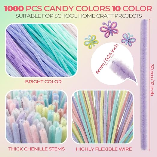 Libima 1000 Pcs Pipe Cleaners Bulk 10 Colors Chenille Stems Craft Supplies 12" Long Fuzzy Sticks 6 mm Teacher Welcome Back Gifts DIY Flower Kits for Art Bouquet Creative Activity Decor (Pastel) - Image 2